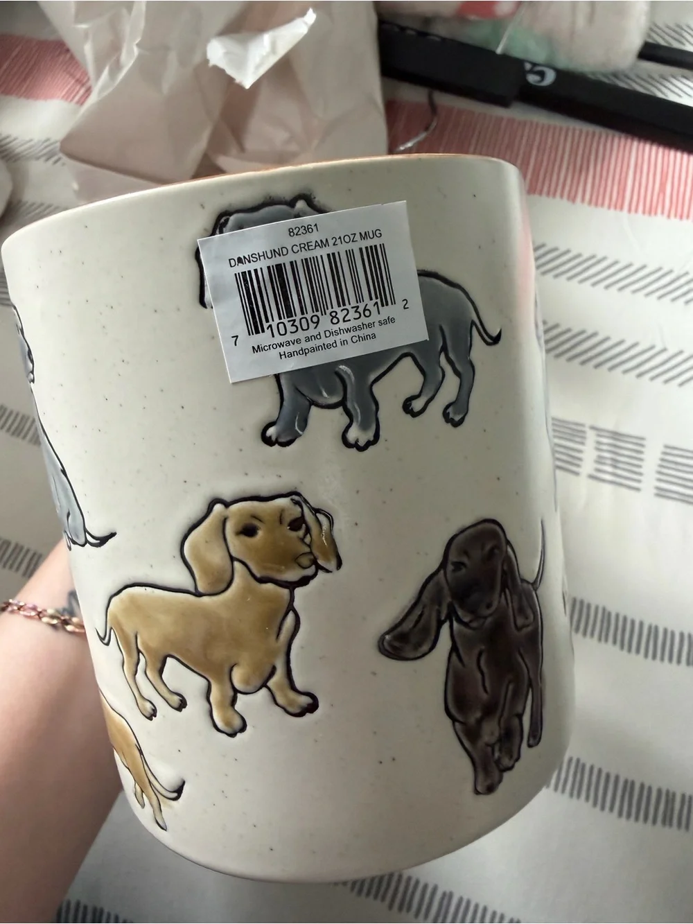 Dachshund Ceramic Coffee Mug in Cream with Yellow and Gray Dogs